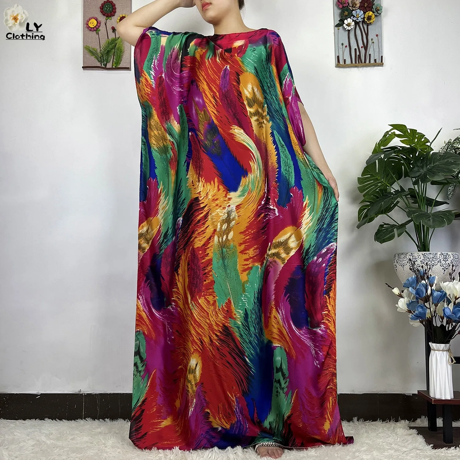 2023 New African Fashion Short Sleeve Colored Pattern Dubai Women Summer Real Silk Soft Printing Loose Tradition Muslim Dress