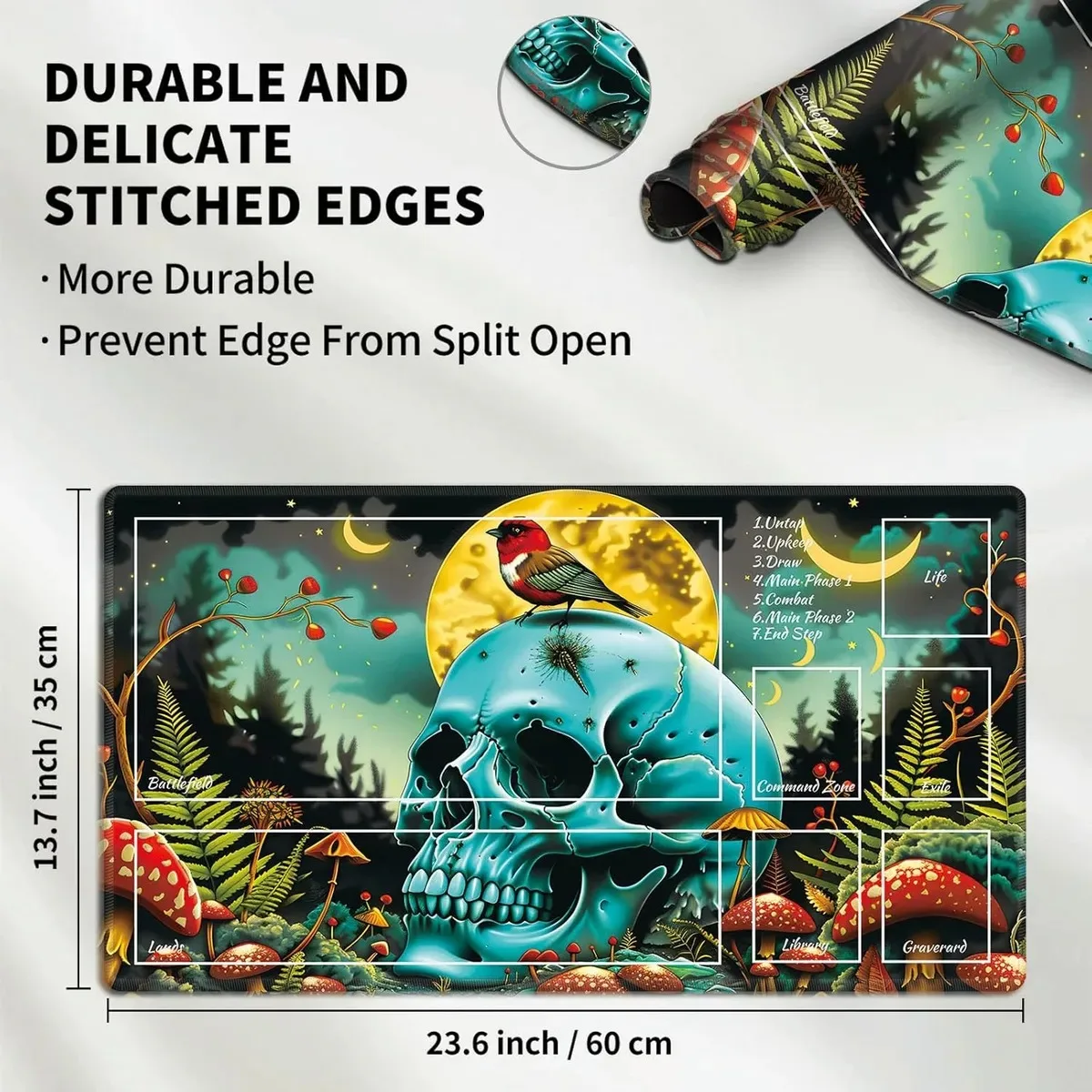 Mushroom Skull Playmat TCG Playmats with Magic Zones Trading Card Game Anime Enthusiasts Non-Slip Protects Cards 14*24in