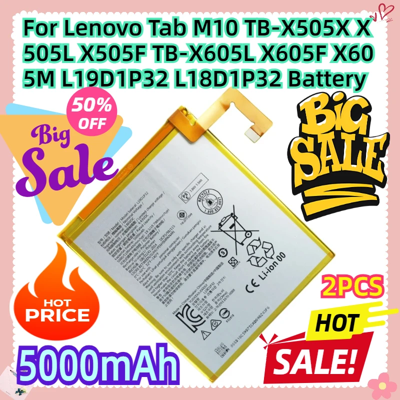 

For Lenovo Tab M10 TB-X505X X505L X505F TB-X605L X605F X605M L19D1P32 L18D1P32 5000mAh Battery 2pcs