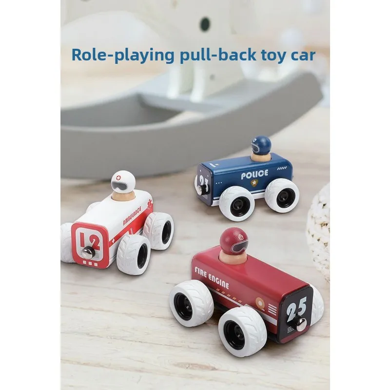 Lernspielzeug aus Holz für Kinder, Feuerpolizeiauto, Krankenwagen-Rückziehauto aus Holz, 1–3 Jahre altes Baby