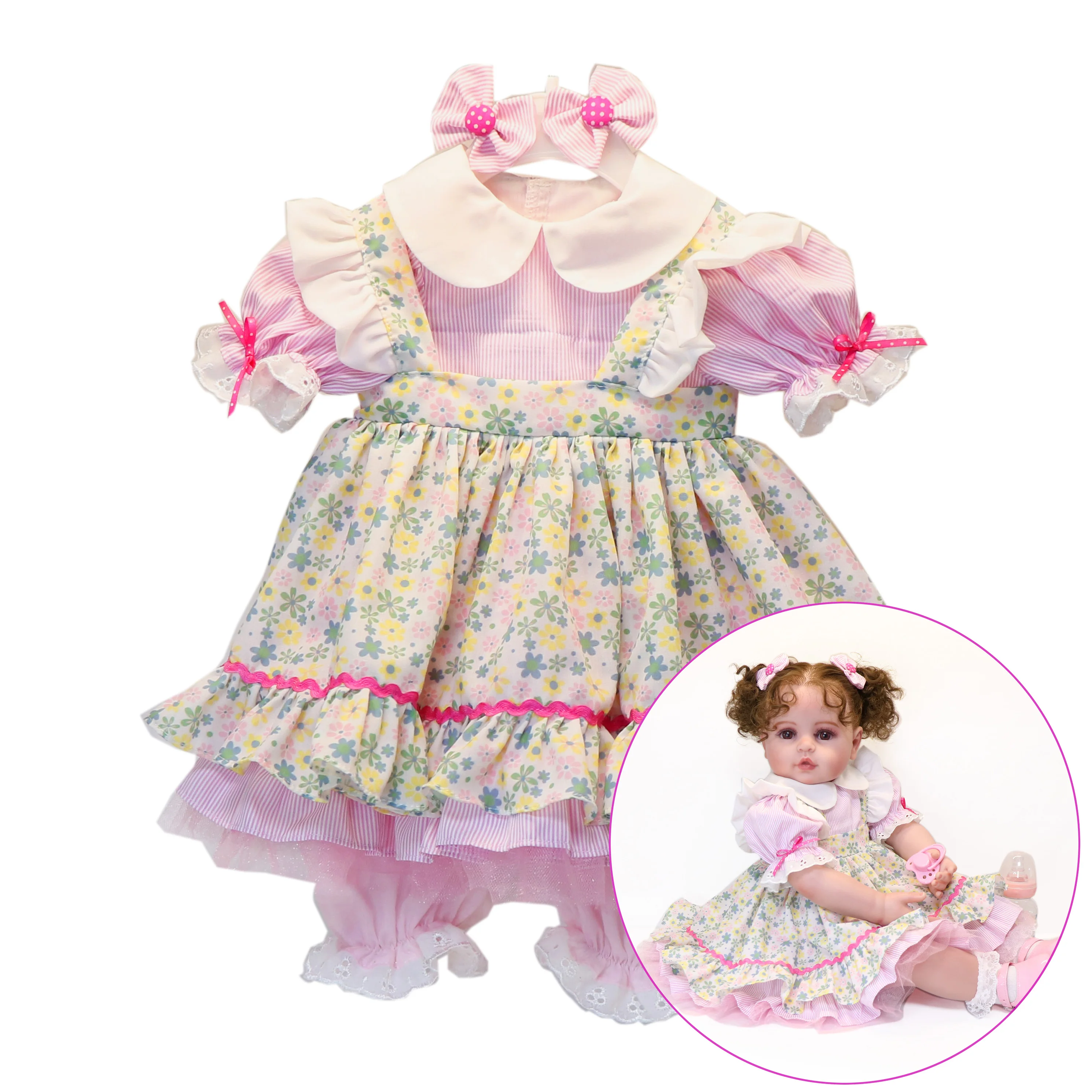 Toddler Time Baby Outfit Fit For 22- 25 Inch Baby Dolls, Dress Has Pastel Floral Print Dress With Stripes Dress