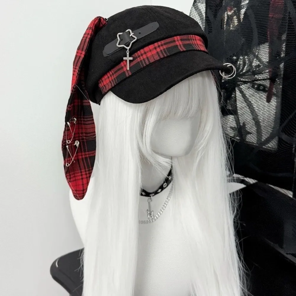 Cute Rabbit Ears Plaid Beret Hat Irregular Thin Brim Octagonal Hat Y2K Subculture Painter Artist Cap Travel