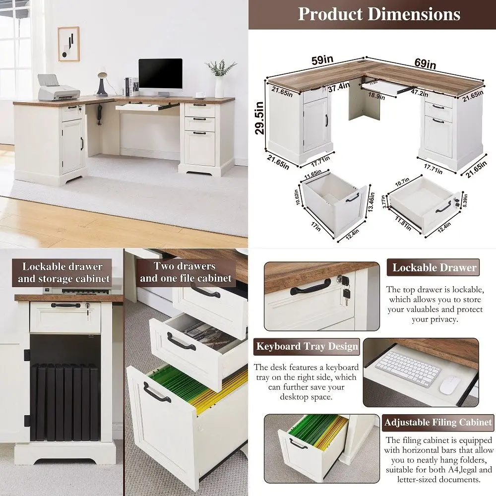 

Executive Desk with Keyboard Tray, 69 Farmhouse Corner Desk with Lockable Drawers, Adjustable File Cabinet amp Builtin Charging