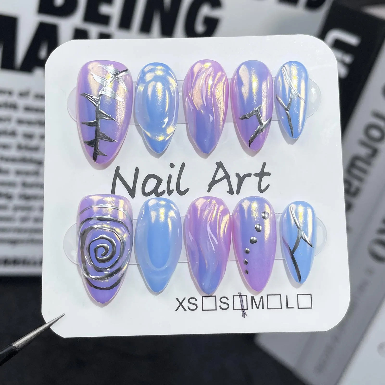 

Handmade Press On Nails Acyrlic Y2k Almond Aurora Nails Flash Purple Blue Fake Nails 3D Crystal Stripes False Nails Long Round