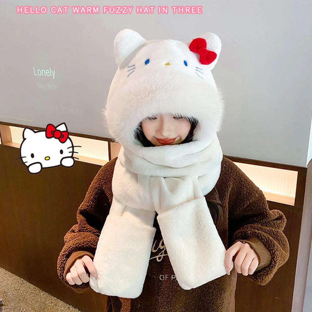 Sanrio Kawaii Hello Kitty Plush Hat Scarf Gloves Three Piece Set Anime Child Aldult Winter Thicken Warm Cute Girls Festival Gift