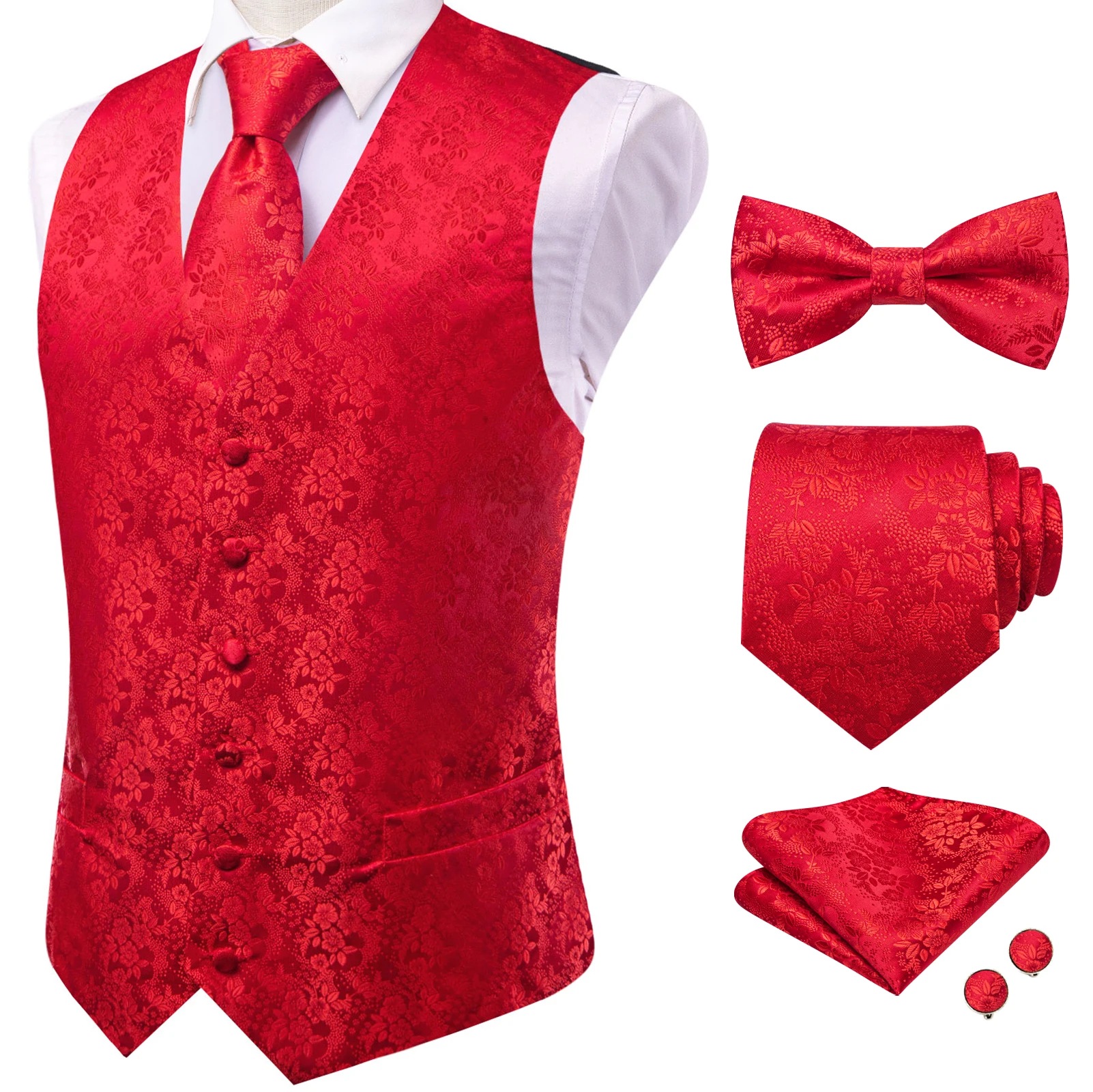 Herren Rot-Rosa Blumen-Paisley V-Kragen Weste Komplettset Business-Party-Kleidung Passendes Outfit – Detail 1