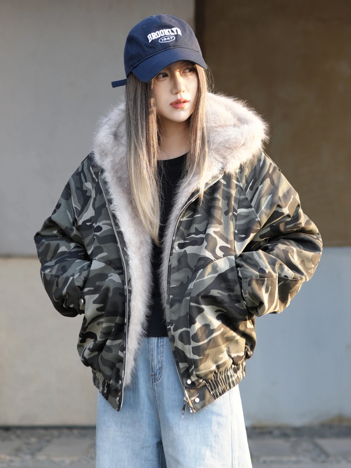 

Thiened Camouflage Jaet with Fur Collar Cotton Pilot Coat for Women Autumn Winter Faion Street Sle Military een Jaet