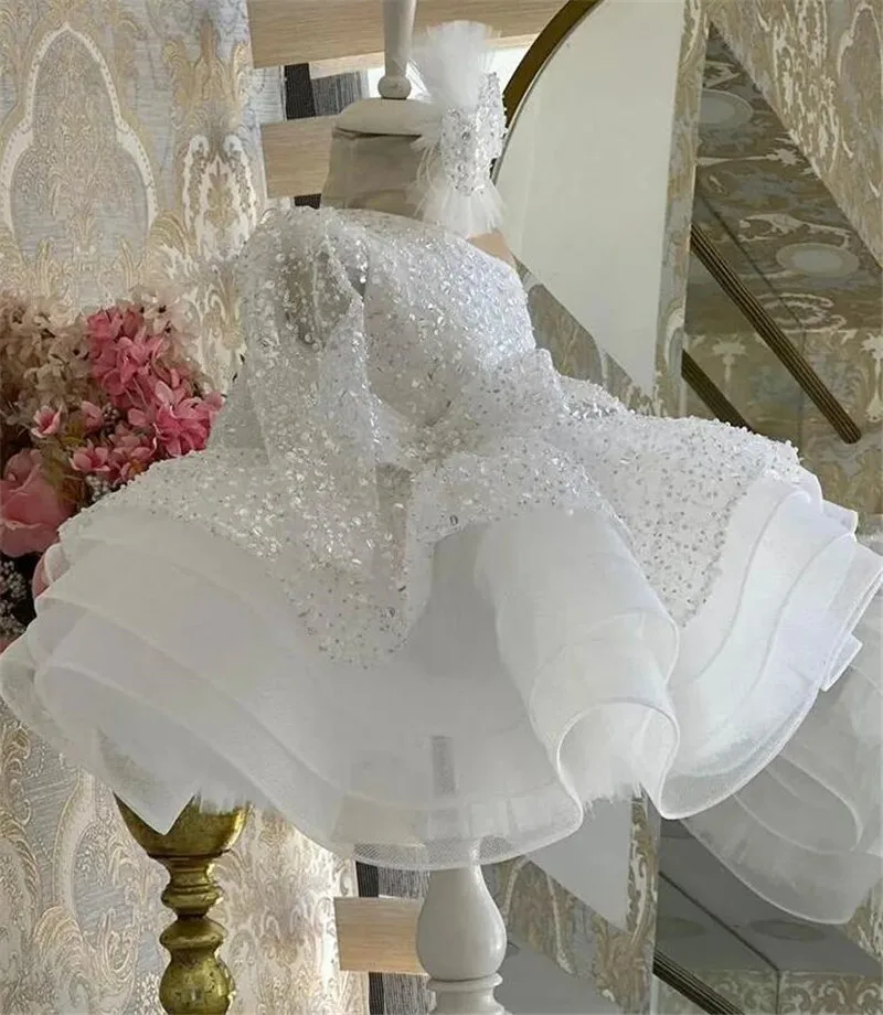 Robe à paillettes à manches longues pour bébés filles, robe moelleuse, tenue de célébrité, blanc, rose, anniversaire, princesse, à la mode, 2024