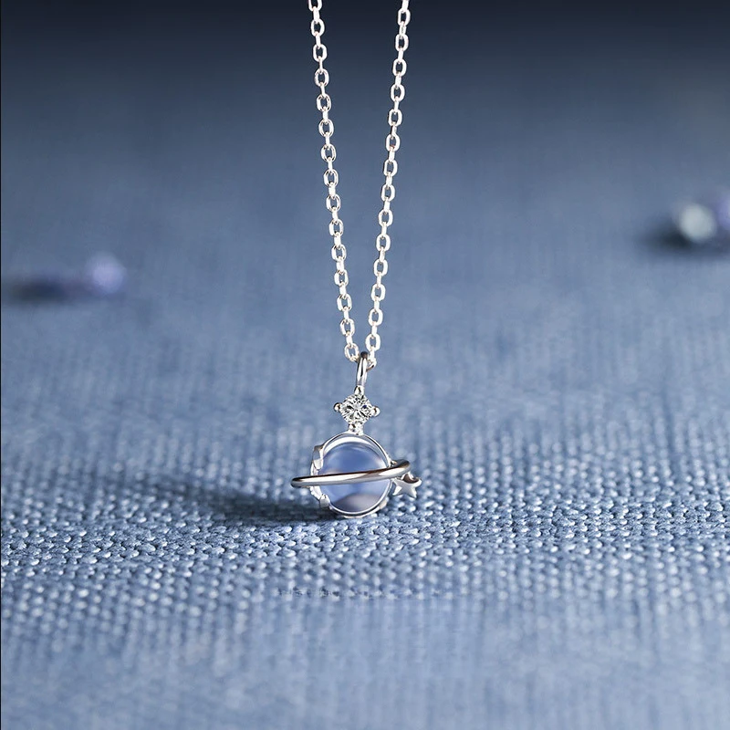 Saturn Planet Pendant Necklace Transparent Blue Glass Orb Tiny Star Dainty Cosmic Theme Collar Jewelry For Women