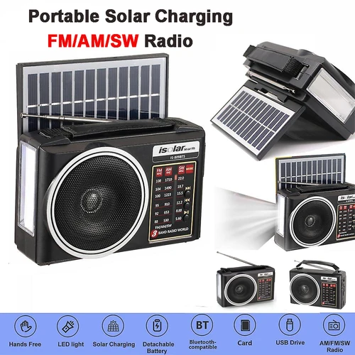 Imagen 1 del producto Radio portátil FM/AM/SW con carga Solar, receptor de Radios de emergencia multibanda, potente Altavoz Bluetooth con linterna USB, 1 ud.