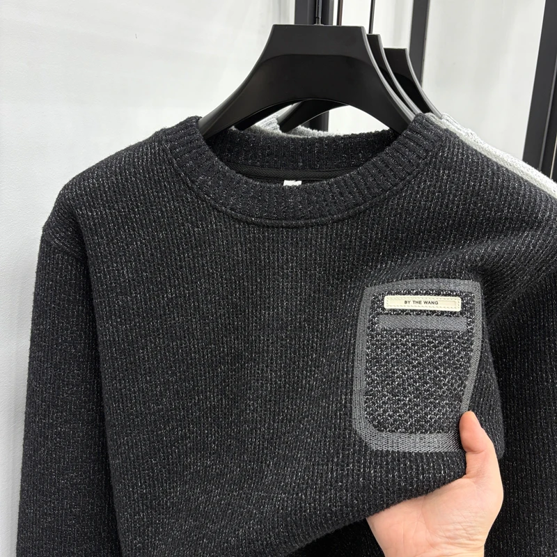 men's autumn winter high quality fleece-lined thicken long sleeves pullover round neck keep warm sweater leisure men clothing