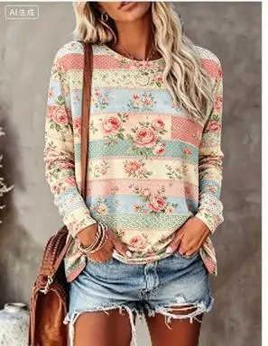 Women Long Sleeve T‑Shirt Pastel Patchwork Hydrangea Floral Print Crew Neck Loose Casual Daily Tops