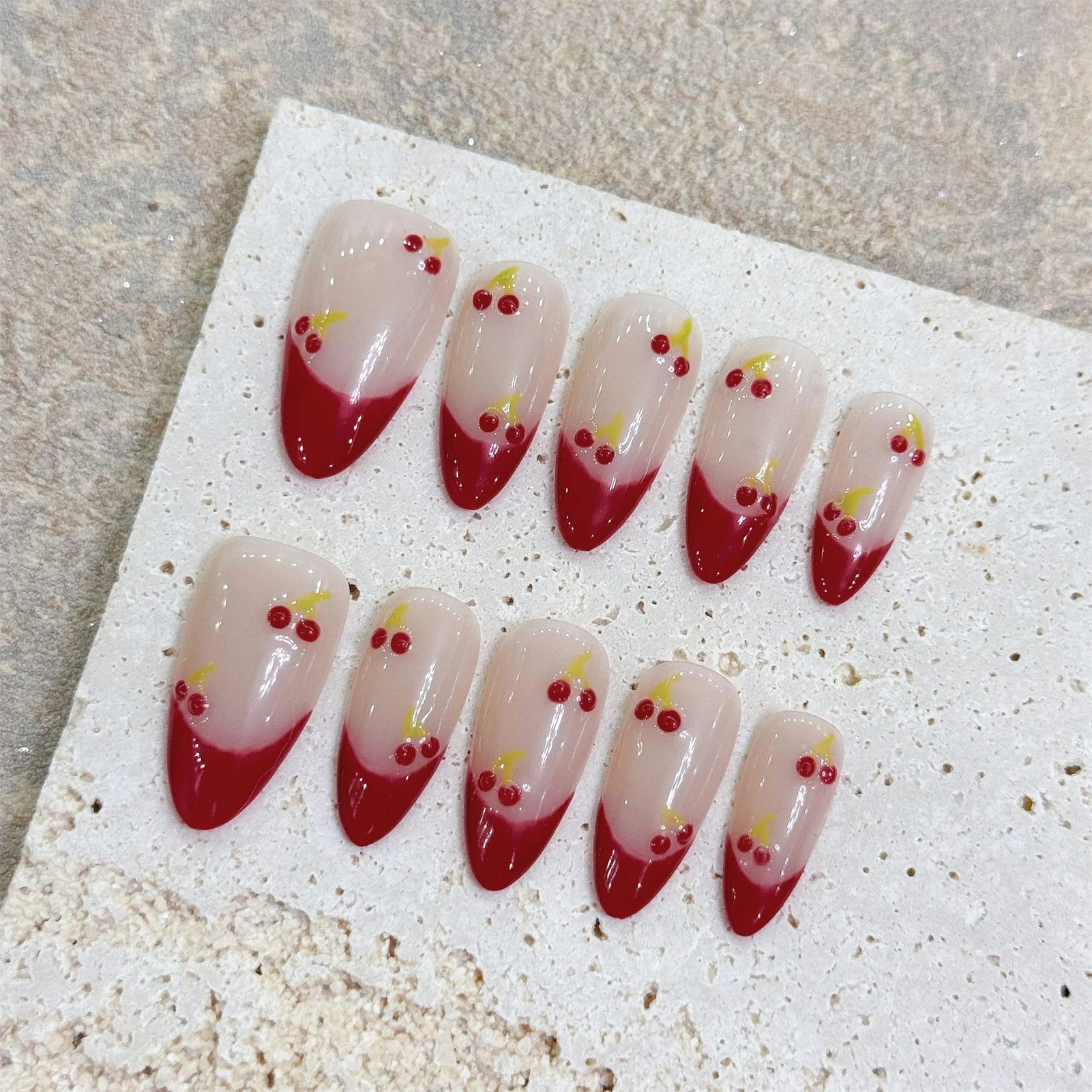 

10pcs Handmade Press On Nails Red Almond Hand Painted Cherry False Nails French Style Full Cover Glossy Fake Nail Tips For Girl