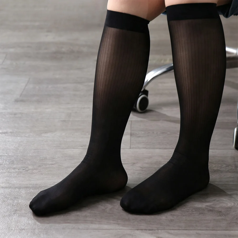 Fashion Sheer Men Thin Dress Tube Socks Translucent Stripe Solid Color Business Stockings Middle Tube Mid-calf Men