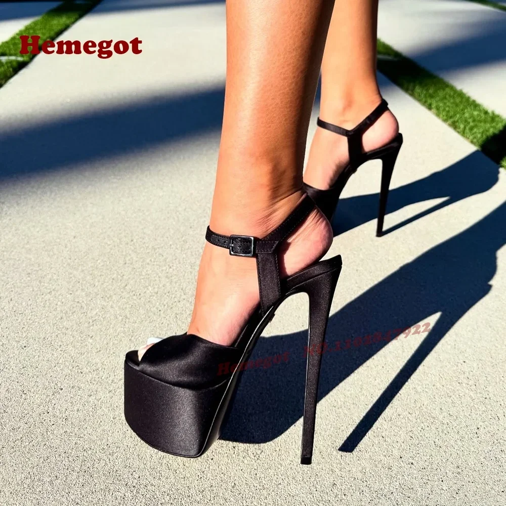 

Satin Platform Slingback Sandals Black Super High Heels Buckled Open Toe Summer Sandals for Women 2025 New Arrival Runway Shoes