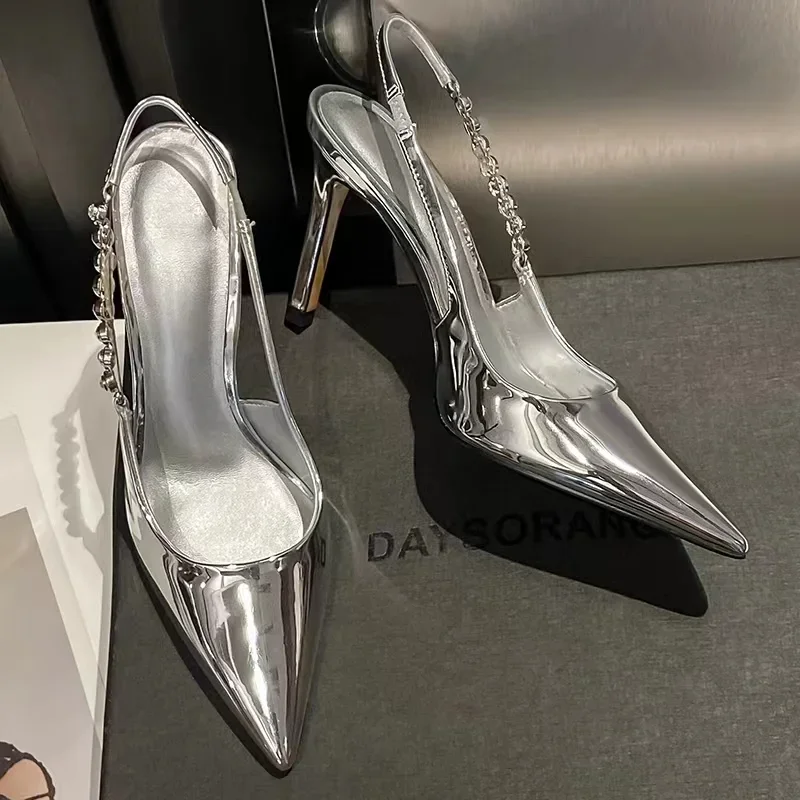 Tacchi alti lucidi Slingback argento donna décolleté sandali in cristallo metallico punta a punta scarpe con tacco a spillo scarpe eleganti da festa