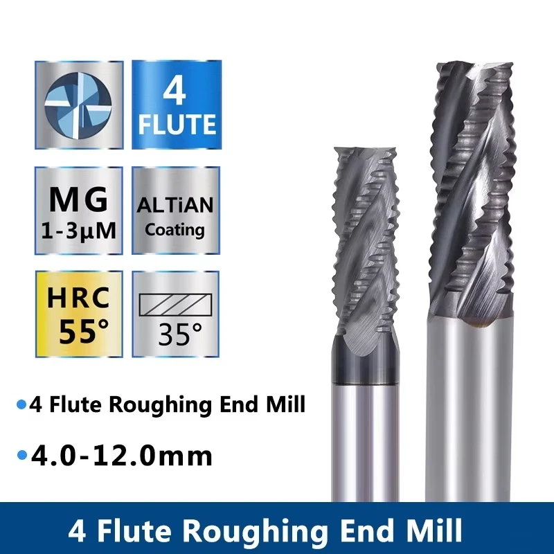 Bit Router Pemotong Frais Karbida Padat 4 Flute CNC Frais Bit Router untuk 50HRC Mesin Roughing Logam 4Mm Sampai 12Mm