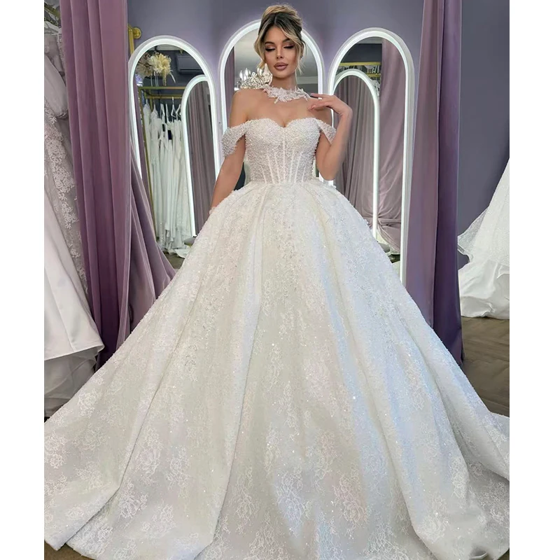 

Baroque Wedding Dress Fully Beaded With Embroidery Ball Gown Boat Neck Sleeveless Customized Bride Dress Pearls Vestido De Novia