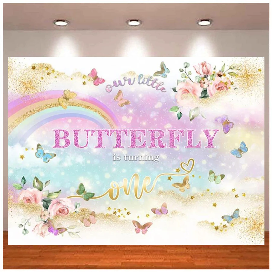 

Photography Backdrop Butterfly Theme Children 1st Birthday Party Golden Rainbow Floral Baby Shower Photo Background Banner