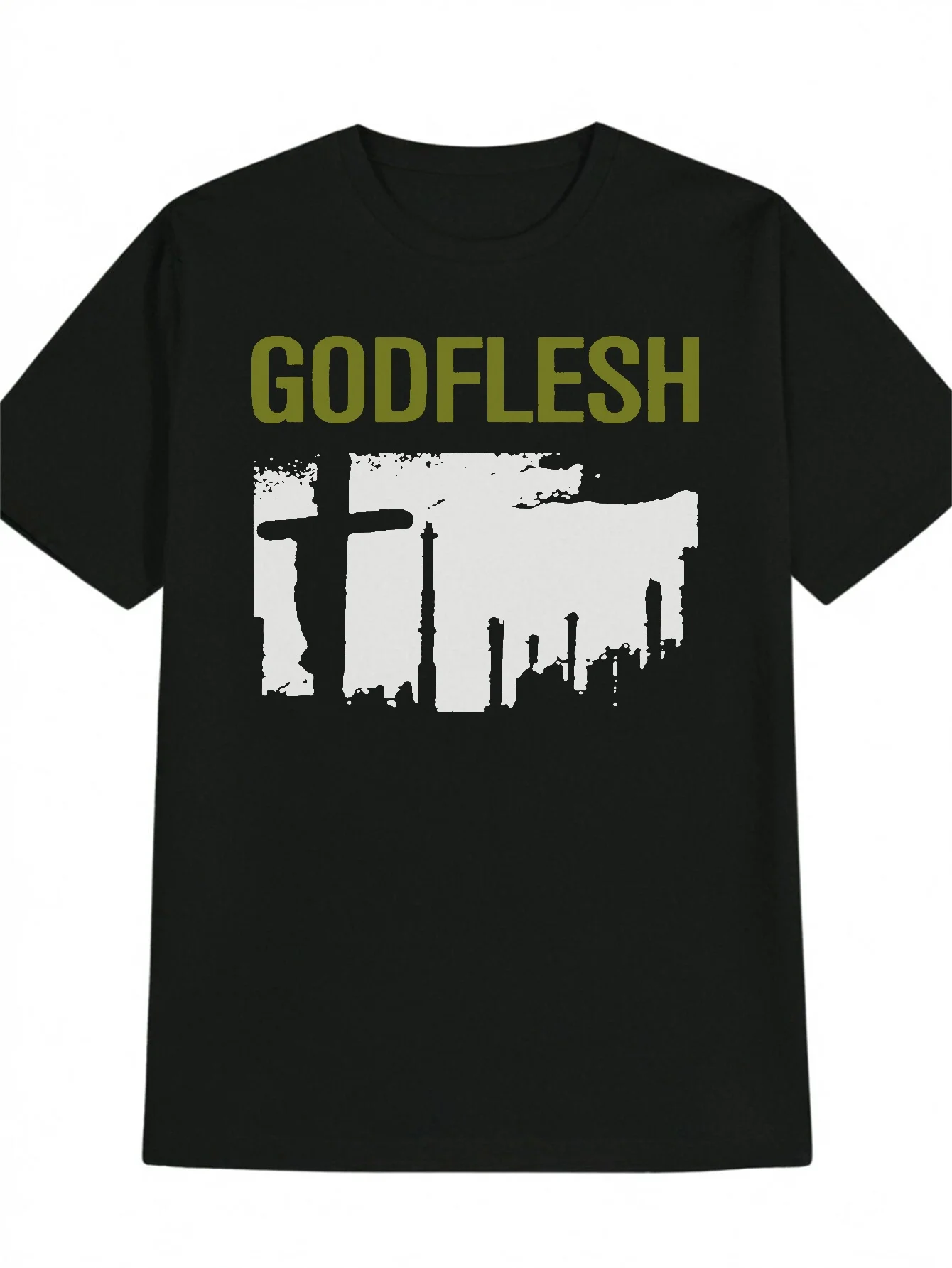 

Men's Casual Printed T-Shirt - Vintage GODFLESH Graphic with Industrial Cross Design, Stylish, Men's Short Sleeved T-shirt