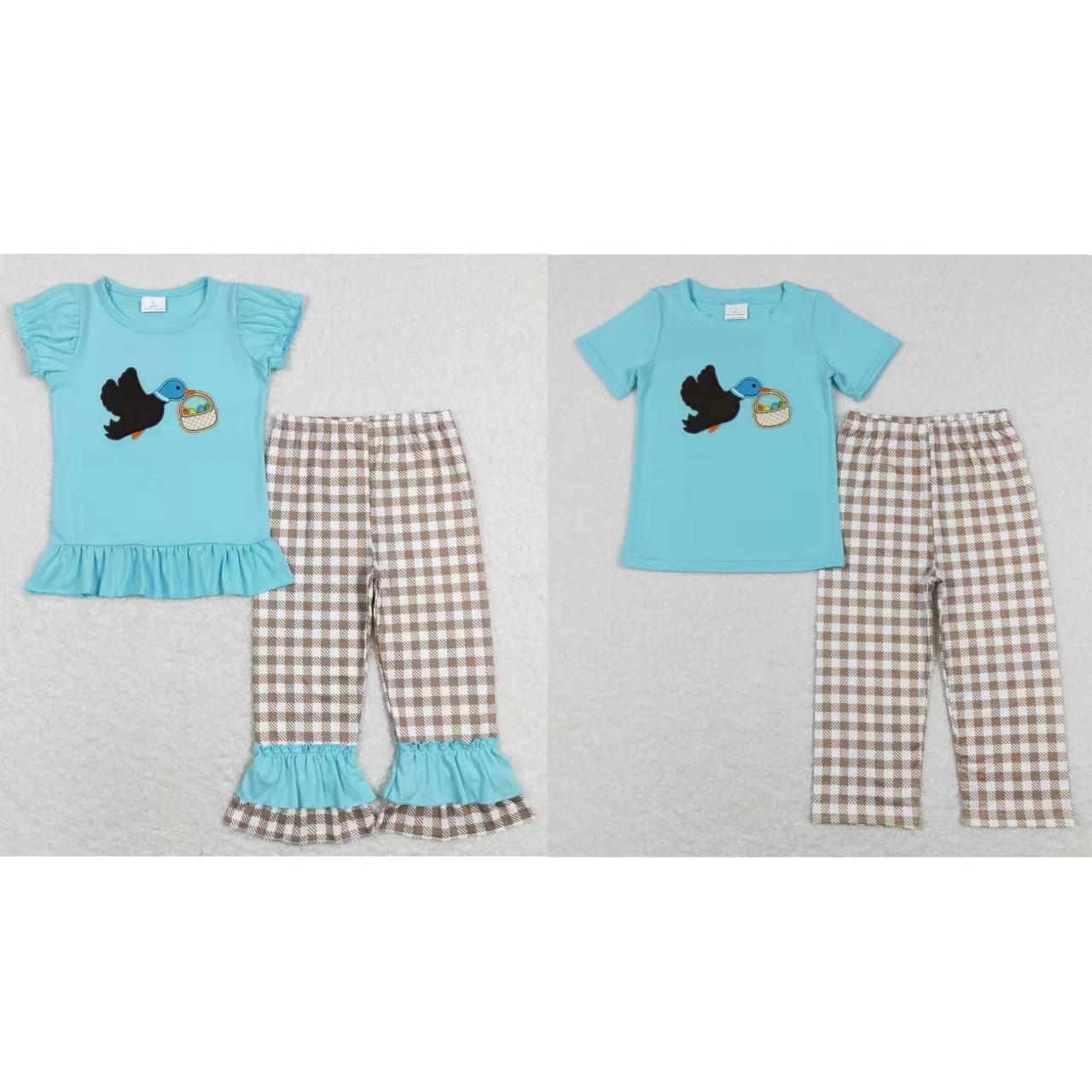 

Wholesale Baby Boy Girl Easter Sets Children Short Sleeves Embroidery Duck Eggs Cotton Shirt Plaid Pants Infant Pajamas Outfit