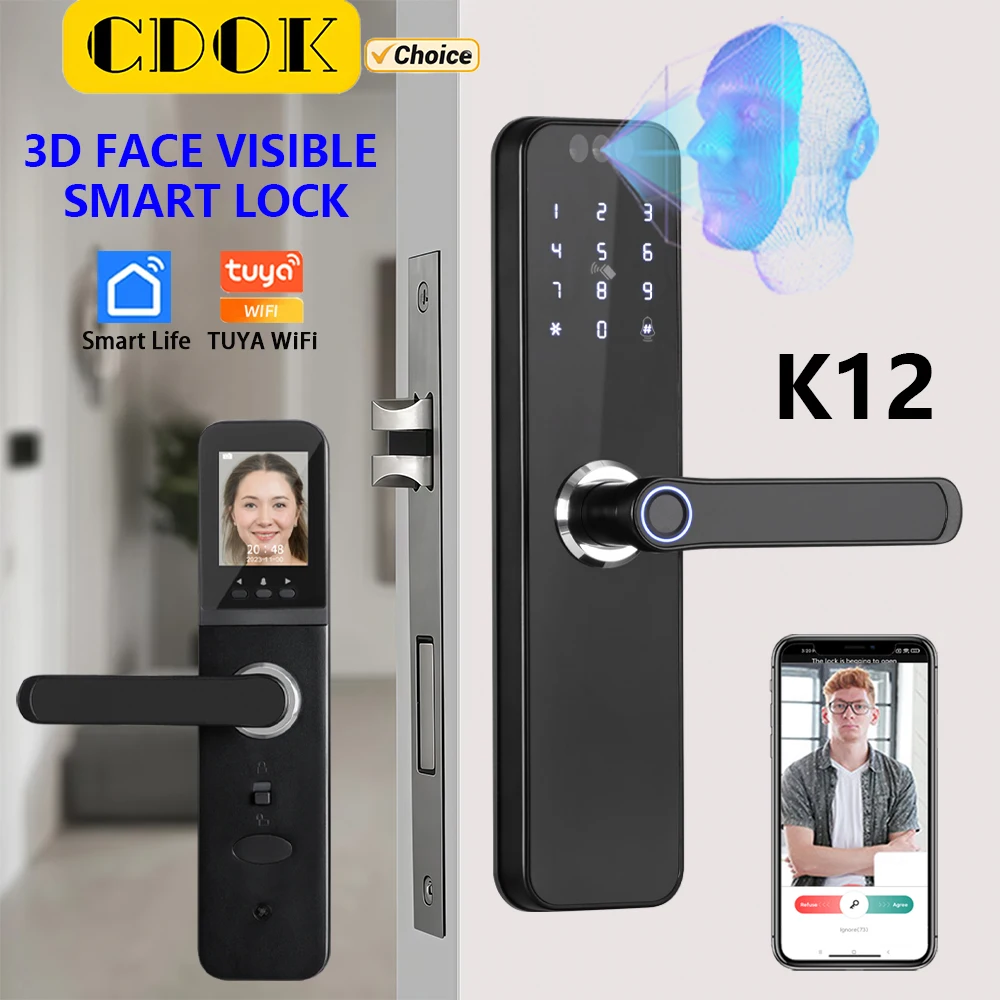 

Умный дверной замок CDOK K12 Tuya WiFi, дистанционная разблокировка, с камерой «кошачий глаз» и разблокировкой лица