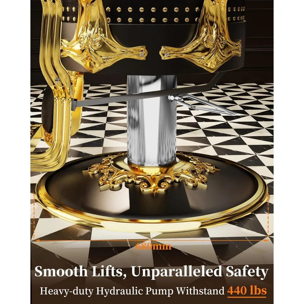 Black and Gold Retro Classic Barber Chair, Heavy-Duty Reclining Barber Chair, Vintage Salon Chair with Exquisite Rivet Design,