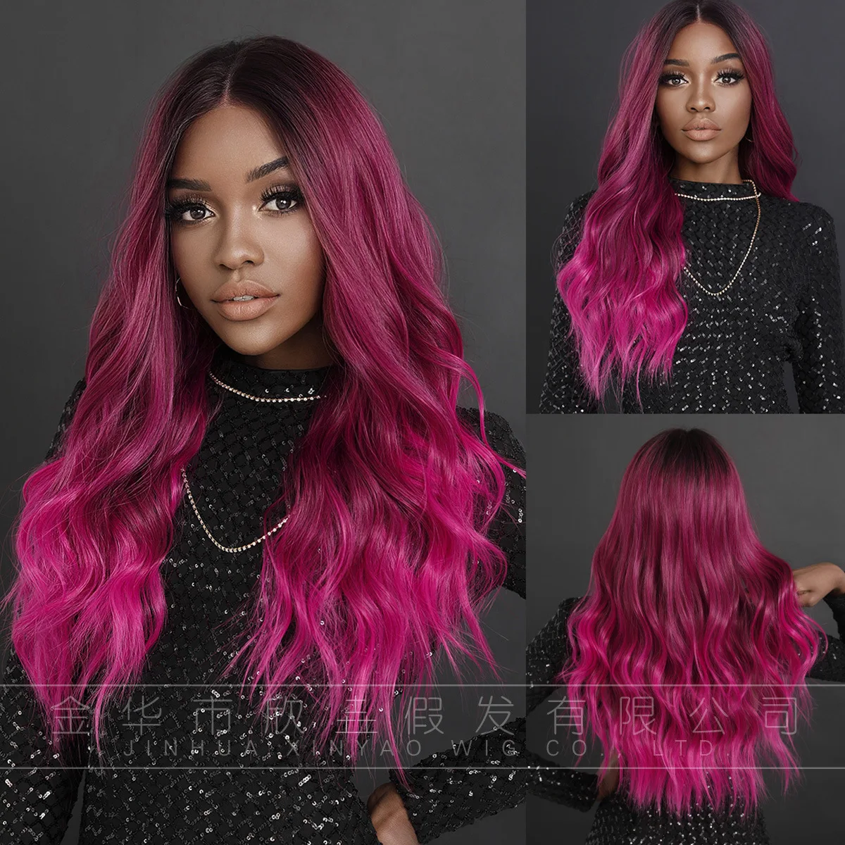 

Small forehead lace rose pink gradient long curly hair large wavy chemical fiber, matte high temperature silk wig