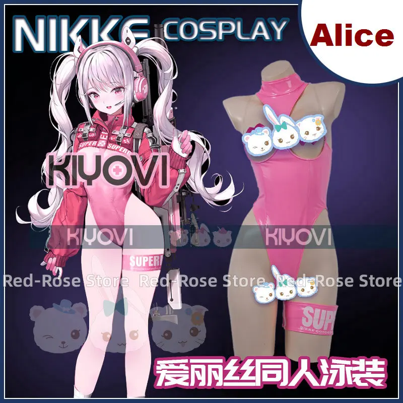 Anime gra NIKKE: bogini zwycięstwa Alice Cosplay różowe bikini z PU stroje kąpielowe kobiety Halloween kostiumy karnawałowe seksowny kombinezon