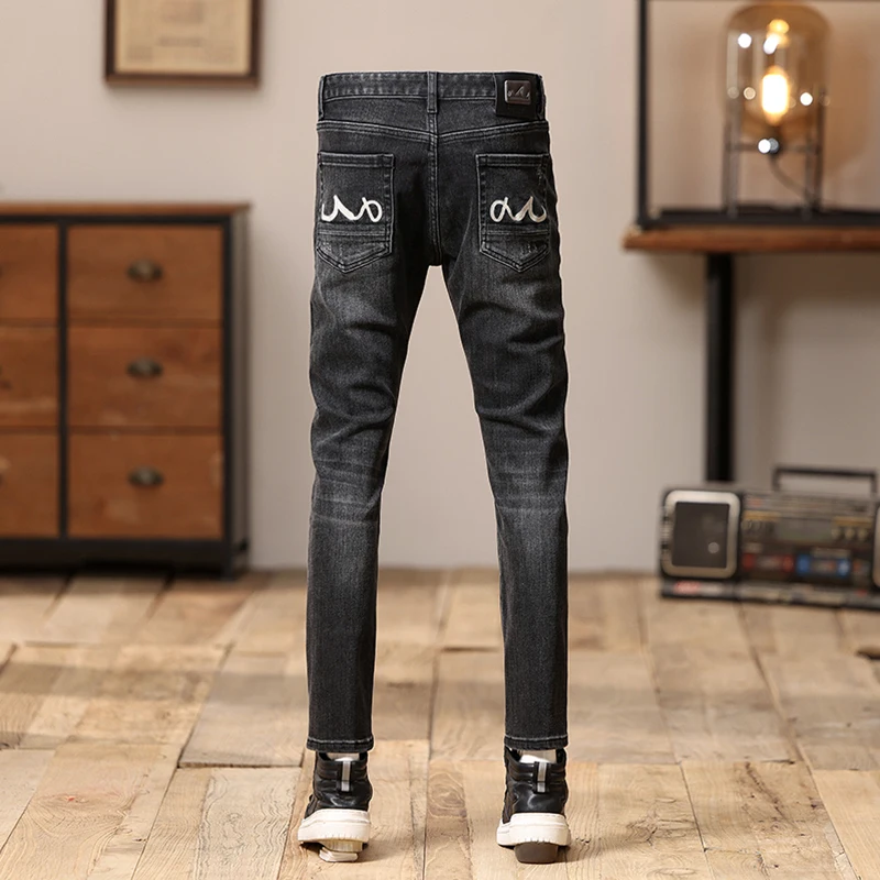 Trendy Fashion Men's Jeans Straight Skinny Versatile Embroidered Washed High-End Youth Daily Work Autumn and Winter Pants