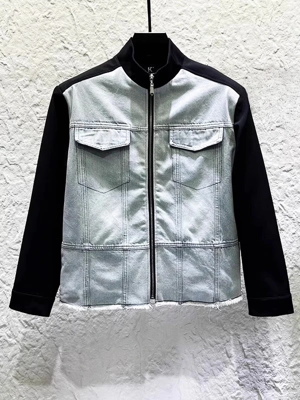 2025 Men's New Personality Contrast Color Design Zipper Stand Collar Jacket Men's Fashion Loose Versatile Splicing Denim Jackets