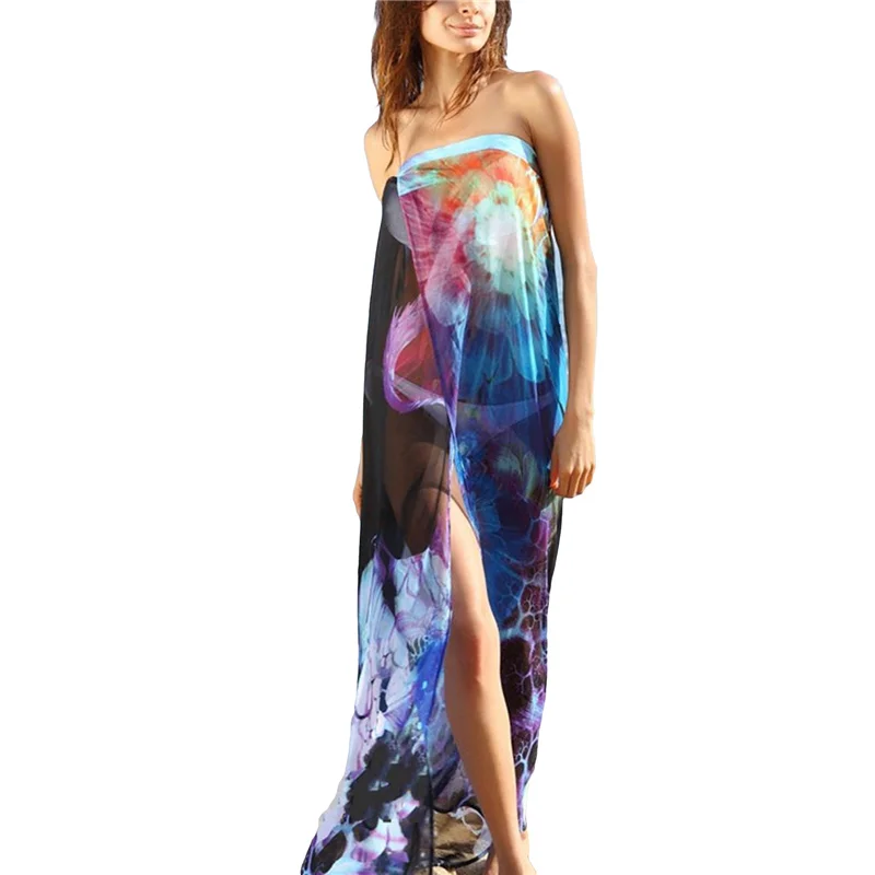 Female Tie-Dyed Sleeveless Strapless Long Beach Dress Bikini Cover Ups