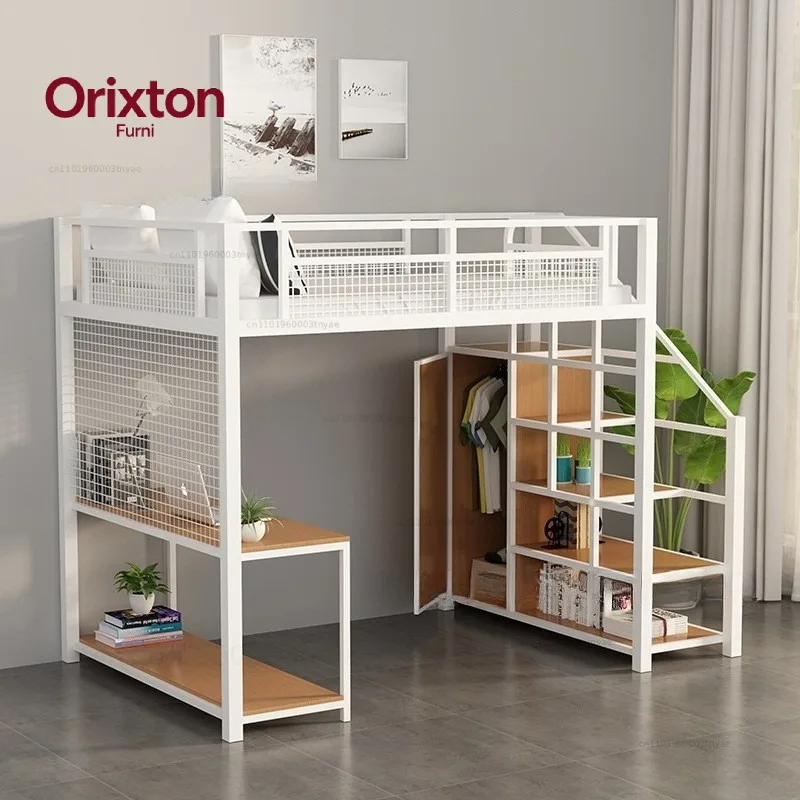 Nordic Iron High Loft Bed with Wardrobe & Bookshelf, Minimalist Bunk Bed, Space-Saving Single Metal Bed for Home سرير أسرّة