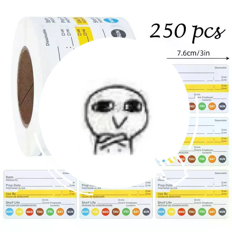 No Residue Food Date Labels 250Pcs/Roll Waterproof Food Prep Stickers for Freezer & Kitchen Food Storage Containers
