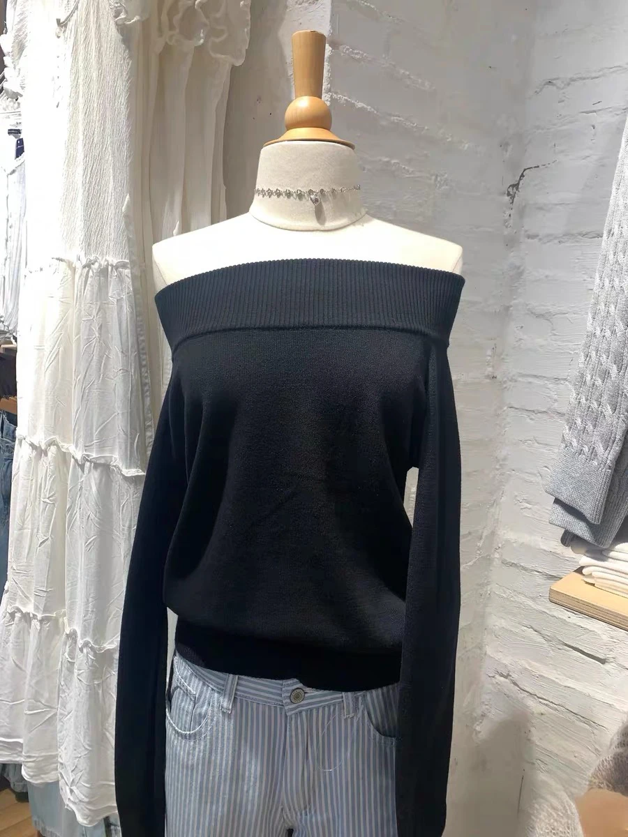 

Black Sexy Slash Neck Slim Sweater Women Autumn Cotton Knit Long Sleeve Pullovers Sweaters Sweet Preppy Style Solid Jumpers Y2k