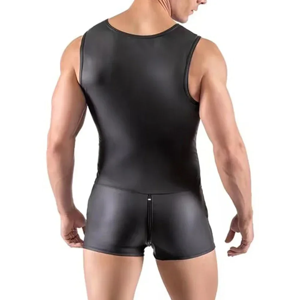 Sexy Men Faux Leather Bodysuit Nightclub Costumes Tight Pouch Leotard Sleeveless Zip-up Open Crotch Jumpsuit Erotic Lingerie