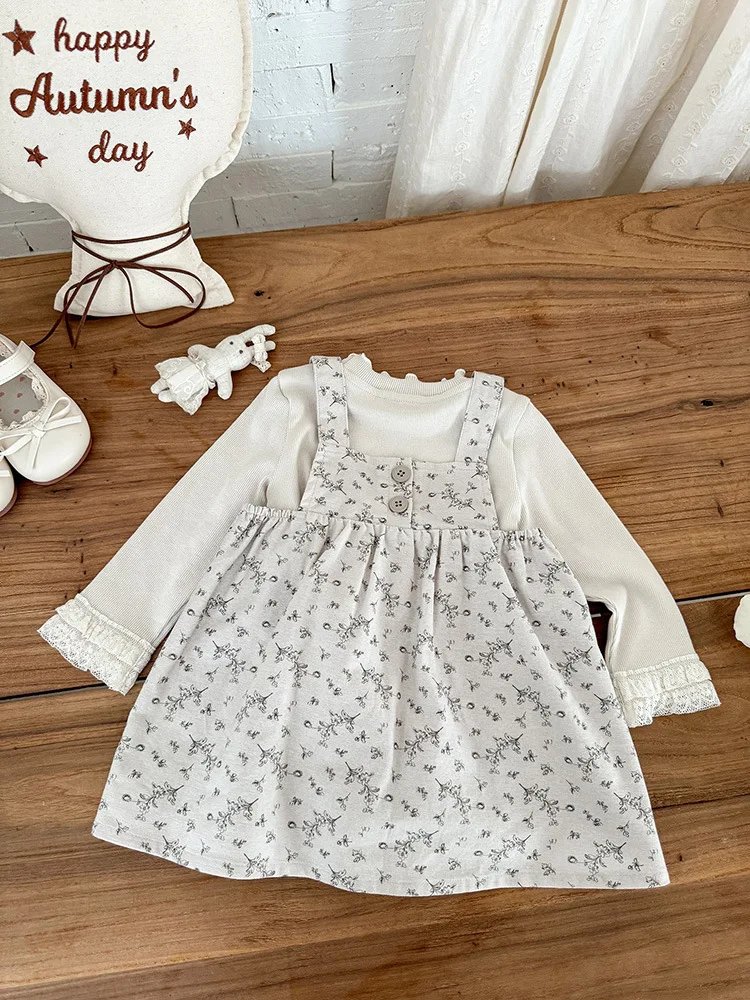 

Girls' Autumn New Baby Long Sleeve Top Cute Floral Strap Dress Two-Piece Set aClass