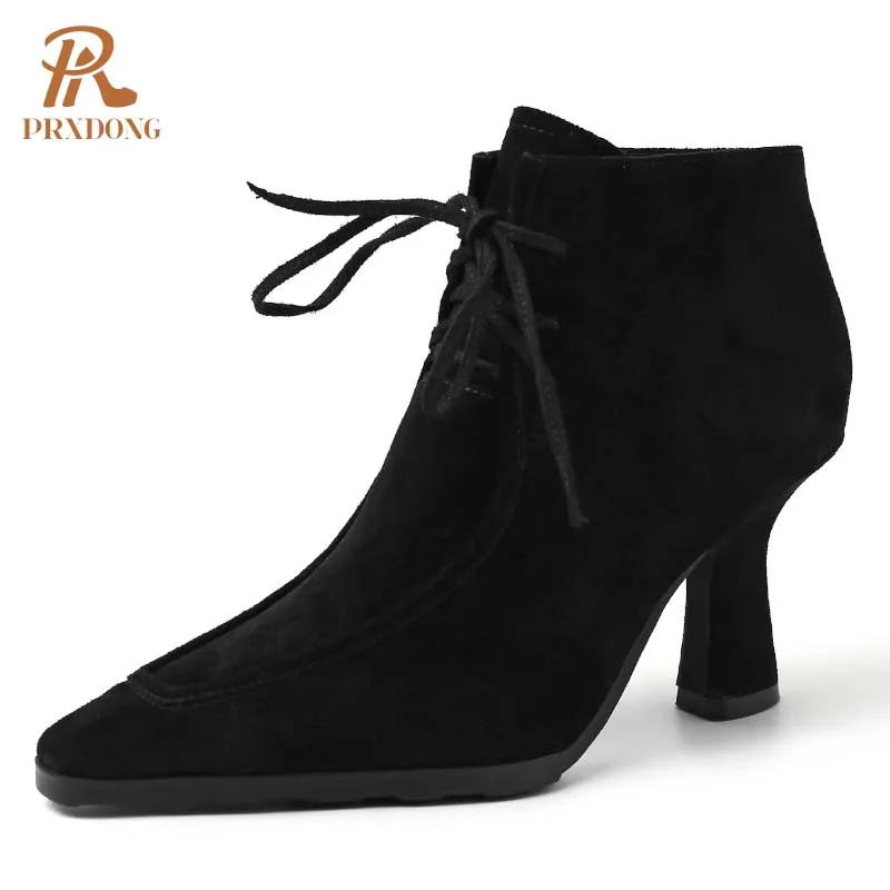 PRXDONG New Brand Genuine Leather Shoes Woman Ankle Boots High Heels Platform Lace Up Black Brown Dress Party Lady Shoes 34-39