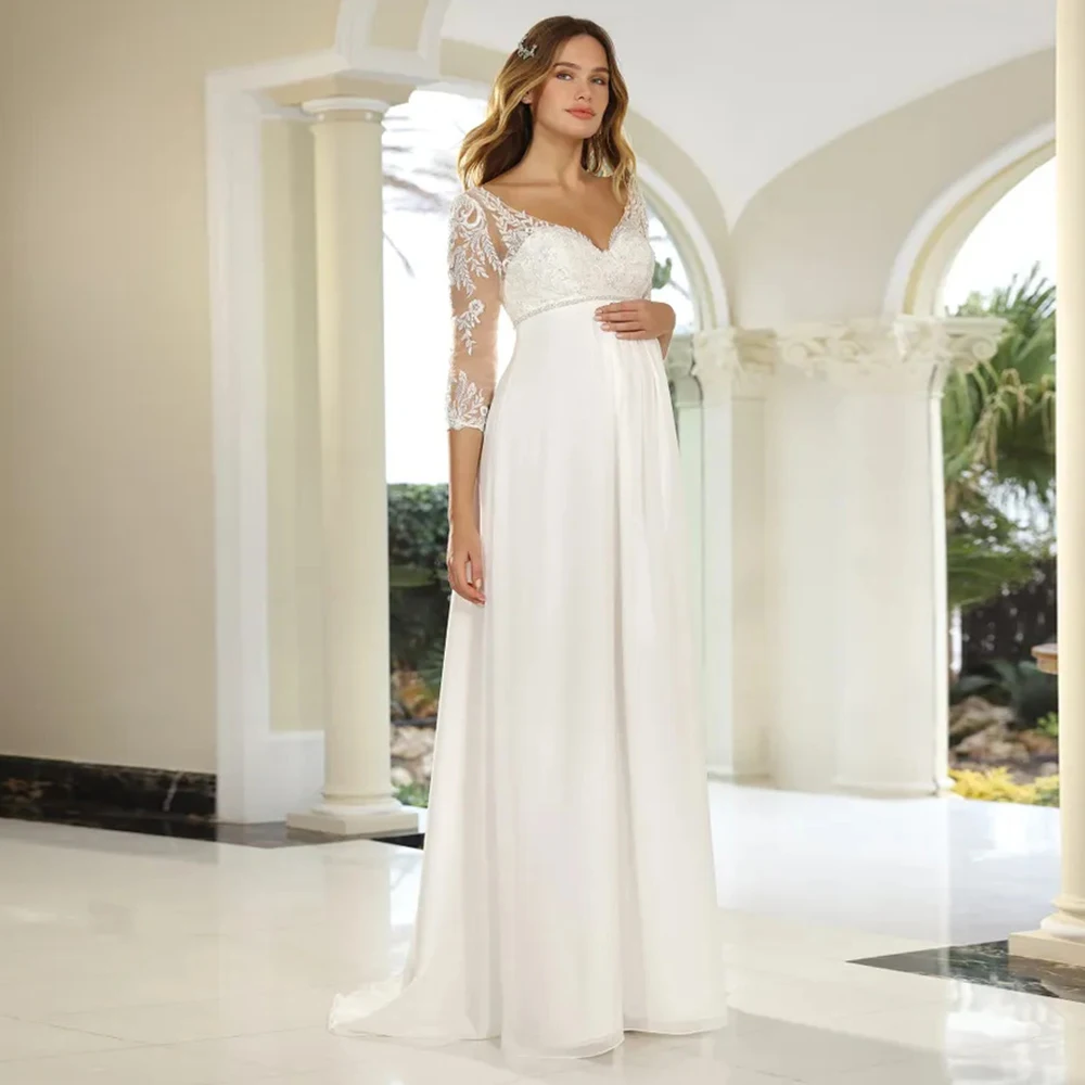 

Classic Chiffon Wedding Dress for Pregnant Woman Elegant Appliques V-neck 3/4 Sleeves Bridal Gowns with Button Back Custom Made