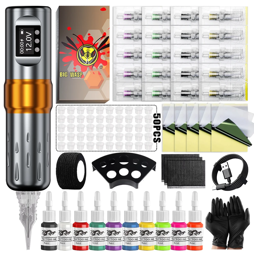 BIGWASP New Cool Tattoo Pen Kit For Permanent Makeup Tattoo Machine Kit Wireless Tattoo Power Supply Beginners Tattoo Gun Kit