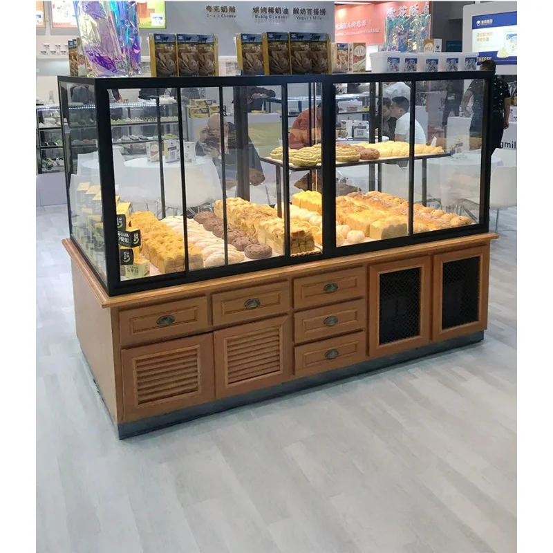 custom.Commercial Horizontal Pastry Display LED Lighting Heavy Duty Ladder Shelf Curved Glass Countertop Showc