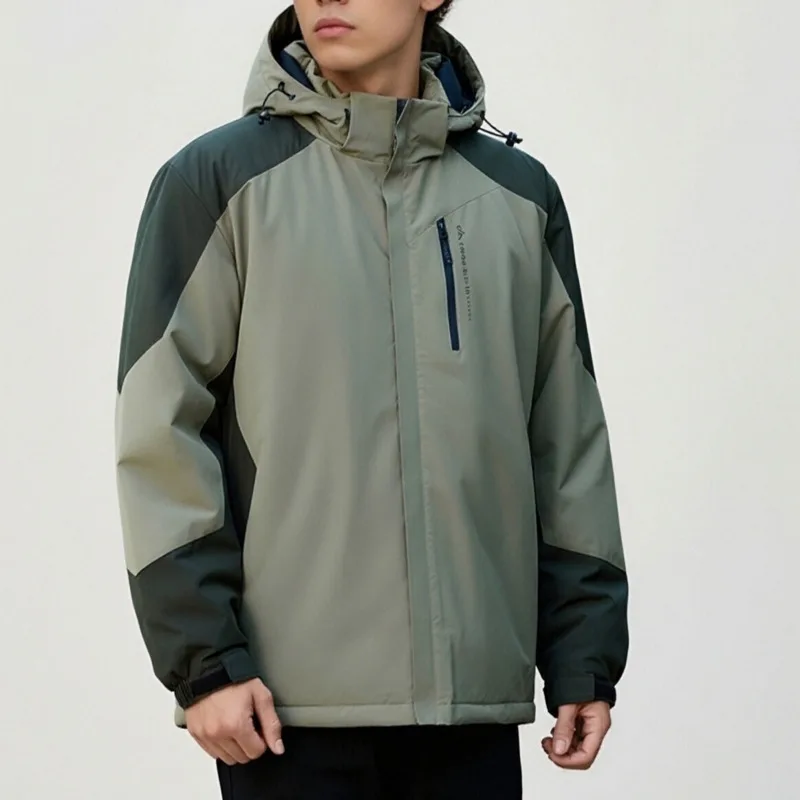 Giacca da uomo in cotone con cappuccio, versatile, spessa, ampia, semplice, con design a blocchi di colore, stile funzionale, giacca di compressione con cappuccio