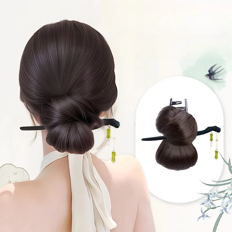

Synthetic Chignon Chinese Style Elegant Flower Bud Head Hair Clip Wig Simulated Natural Low Bun Hair Bags
