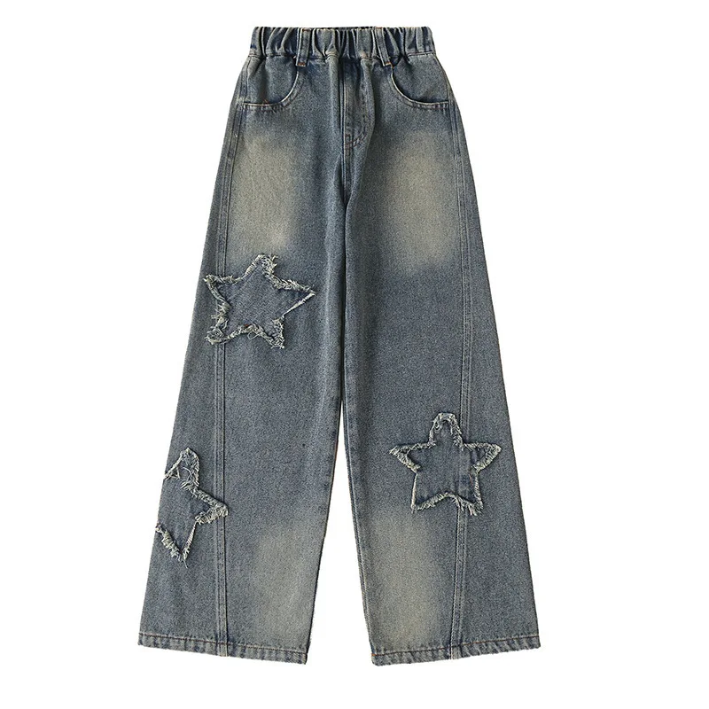 Girls\' Jeans 2024 Spring New Kids Fashion Retro five-pointed Star Denim Wide-leg Pants Teenage Children Trousers 10 12 14 Years