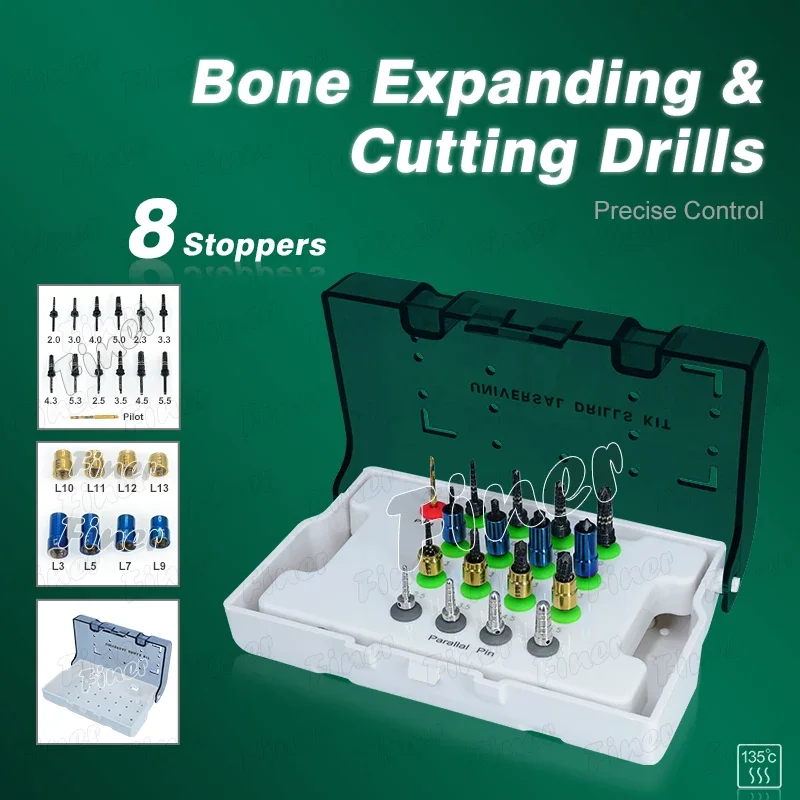 21Pcs Dental Osseodensification Bur Kit with Stoppers Parallel Pins Dental Implant System Drivers Titanium Implant Drills