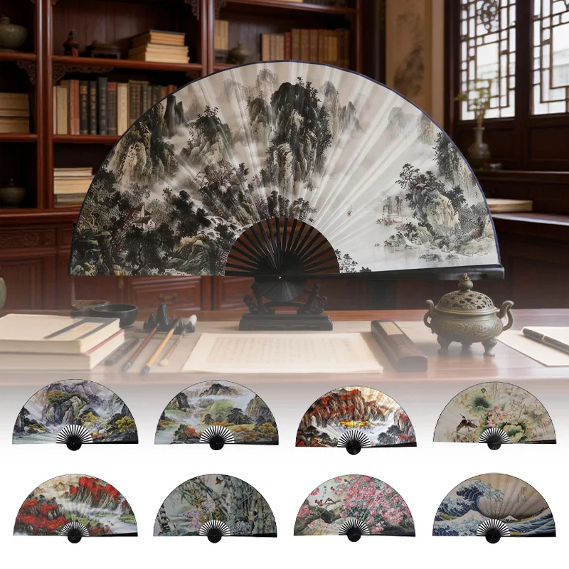 Retro Chinese Landscape Printed Large Paper Folding Fan 50x88cm Wall Hanging Decorative Office Hall Home Living Room Decor Fan