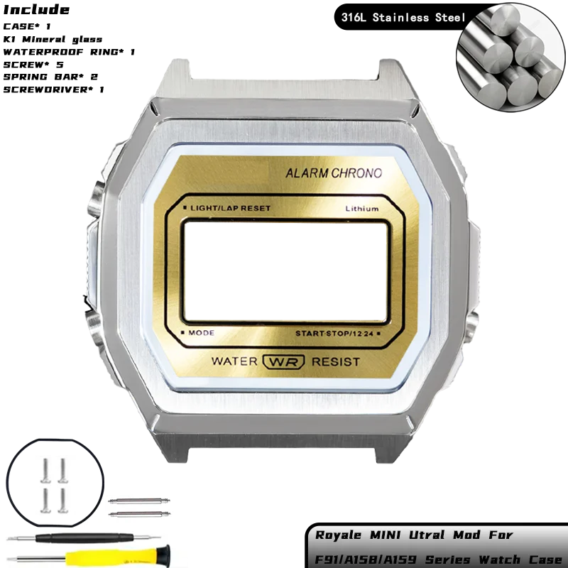 Royale Ultra Mod für CASIO F-91/A158/A159 Uhrengehäuse 316L Edelstahl K1 Mineral Poliert Gebürstetes Mattes Gehäuse Sunray Zifferblatt-Set – Detail 17