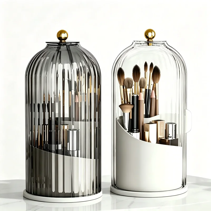 360° Rotating Makeup Brush Holder with Lid Cosmetic Organizer Lipstick Eyebrow Pencil Storage Box