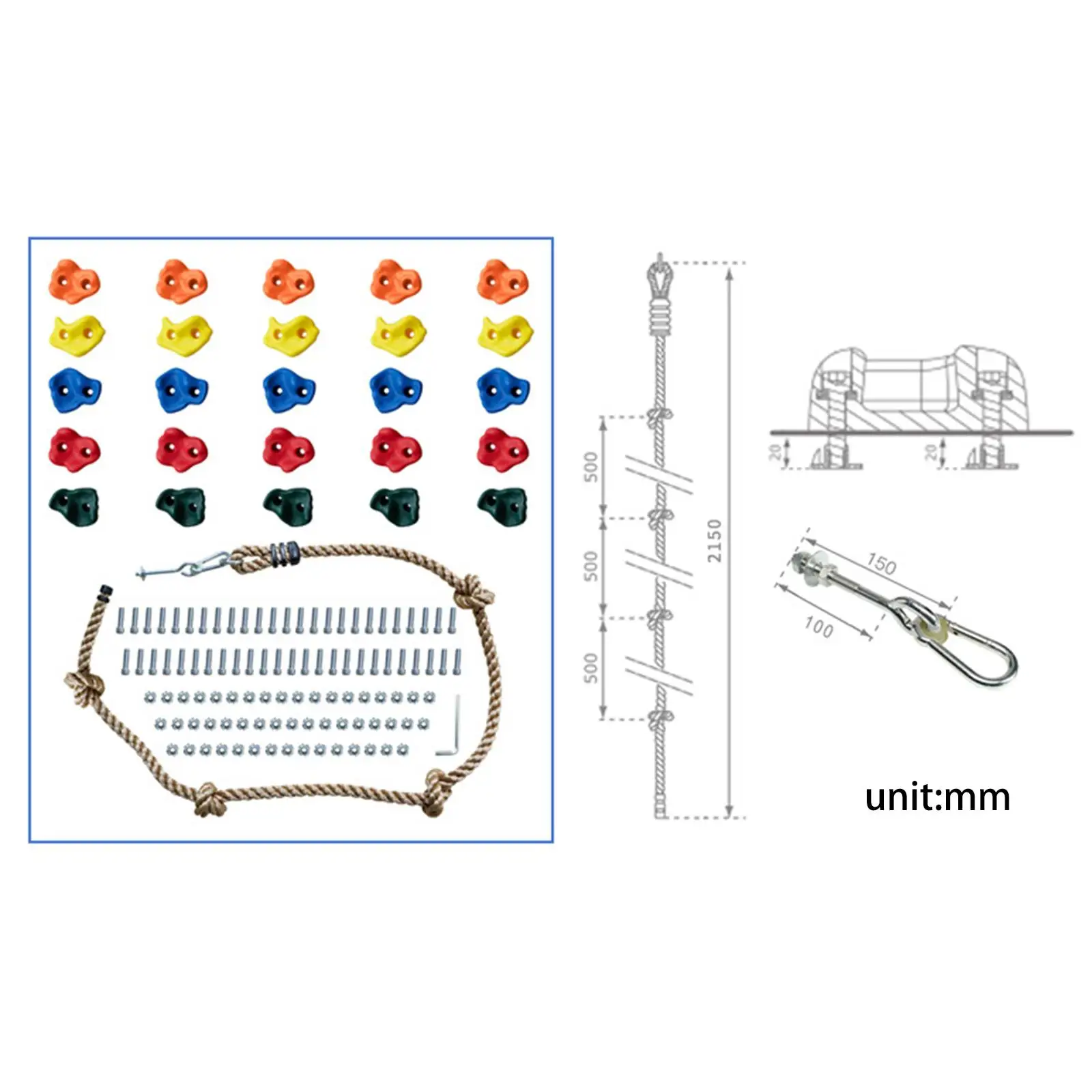 Rock Climbing Holds for Playground with Mounting Hardware and Rope for Kids Balance Agility Flexibility