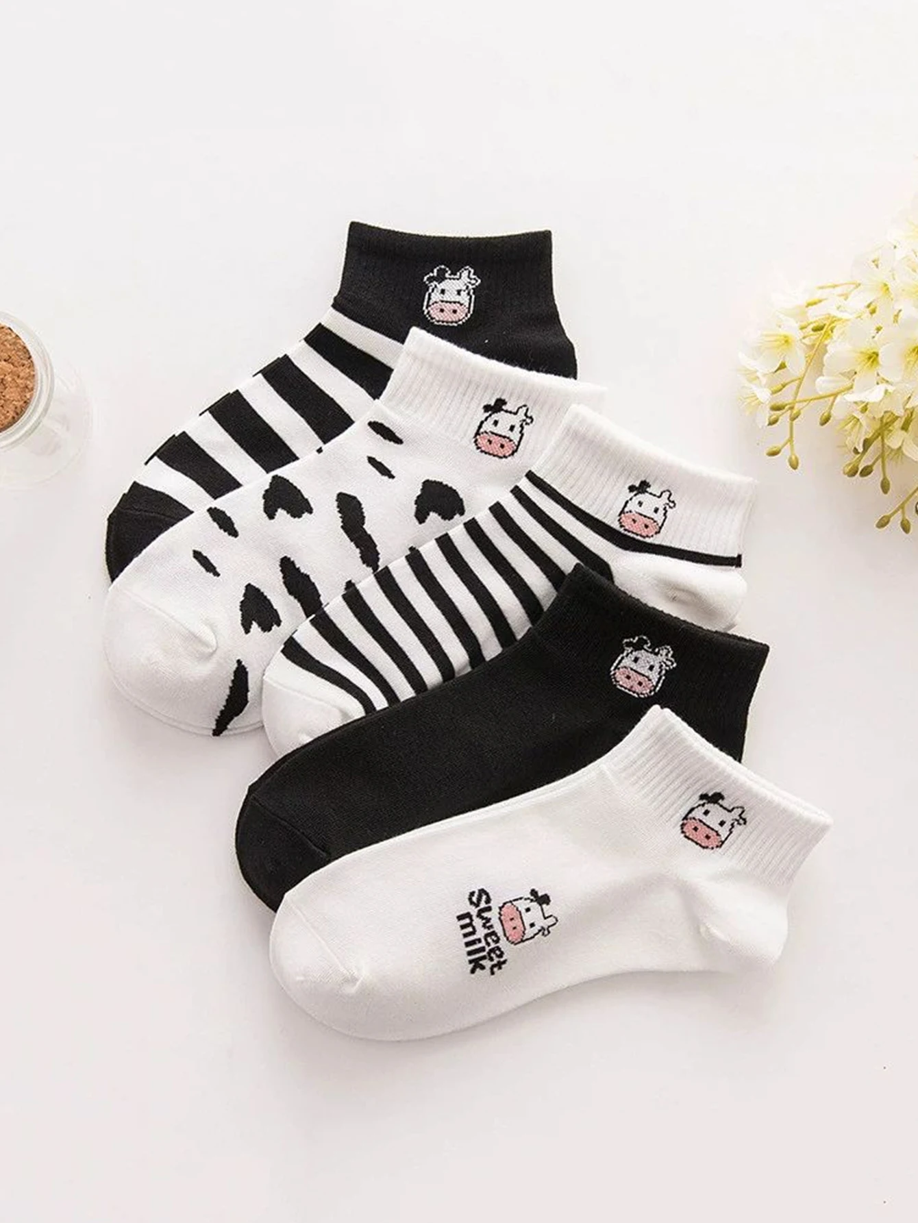 5 Pairs Cute Black And White Cow Cartoon Women's Short Socks Spring Autumn Fashionable Soft Breathable Sweet Girls' Ankle Socks